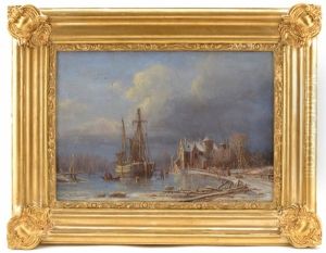 Skuta I Vinterlandskap Vid Slott by Pehr Wilhelm Cedergren