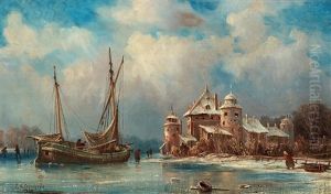 Vinterlandskap Med Figurer Pa Frusen Sjo Vid Borg by Pehr Wilhelm Cedergren