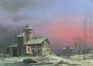 Vinterlandskap Med Figurer Vid Byggnader, I Den Vanstra Skymtar Smed Vid Assjan