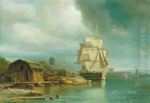Segelfartyg Pa Saltsjon - Strandmotiv Med Byggnader, Stockholm by Pehr Wilhelm Cedergren