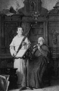 Interior With Cardinal And Monk Playing Musical Instruments by Thure Nikolaus Cederstrom
