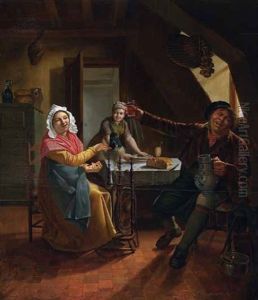 Stubeninterieur Mit Einer Frau Am Spinnrocken, Einer Magd Am Gedeckten Tisch Und Einem Lustigen Weintrinker by Francois Celestin