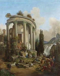 Figures Amongst The Ruins Of The Temple Of Vesta At Tivoli by Francois Celestin