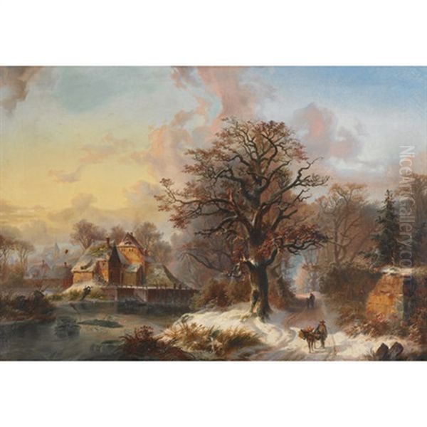 Travellers By A Frozen Village Pond - view 1