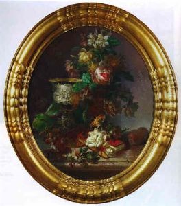 A Still Life With Roses In A Vase, A Sculpted Cup, A Book, Grapes And Peaches On A Marble Ledge by Herman Wilhelm Cellarius