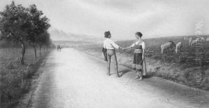 A Meeting Along. Genre Scene With Shepherdess And Mule Driver