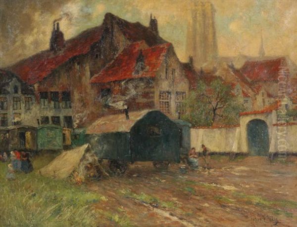 Caravanes Devant La Ville De Malines Avec La Tour Saint Rombout - view 1