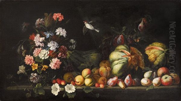 Blumen In Einer Vase Mit Fruchten Auf Einer Steinplatte Mit Einem Vogel; Blumen Und Fruchte Auf Einer Steinplatte (pair) - view 1