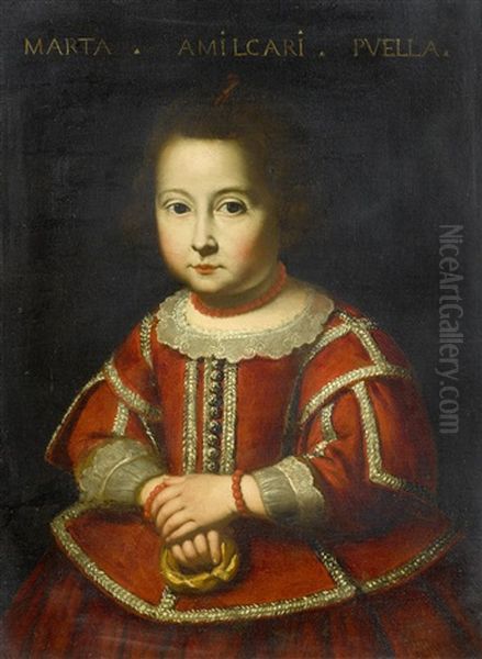 Portrait Of A Young Girl, In A Red Embroidered Dress, Holding A Pretzel - view 1