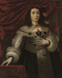 Portrait Of A Lady In A Black Dress With Silver Embroidery, Slashed Sleeves, And Black And Pink Bows