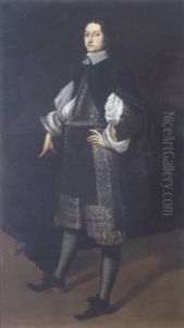 Portrait Of A Nobleman Wearing A White Chemise And Black Doublet And Hose Embroidered With Silver, Standing Beside A Table In An Interior Portrait Of A Nobleman Wearing A White Chemise And Black Doublet And Hose Embroidered With Silver, Standing Beside A Table In An Interior