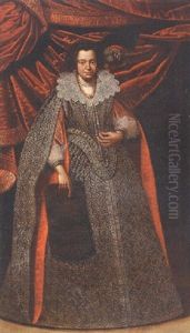 Portrait Of A Lady In A Gold And Silver Embroidered Dress And With A Plumed Headdress, Before A Red Curtain