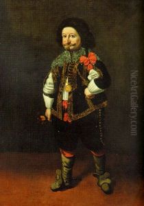 Portrait Of A Dwarf In A Gold Embroidered Black Coat With Slashed Sleeves, Black Breeches And A White Shirt