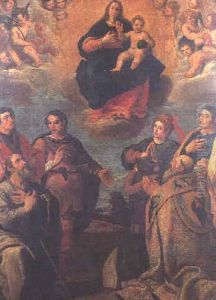 The Madonna And Child Seated In A Cloud Surrounded By Seraphims With St. Luke And Five Other Saints Below