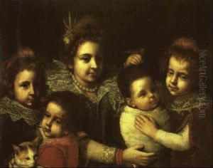 Portrait Of Three Girls, A Baby And A Boy Holding A Cat