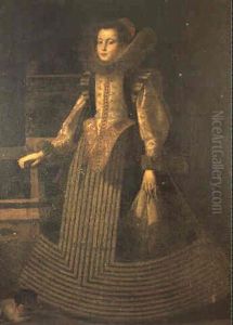 Portrait D'une Dame, De Plein Pied, Avec Une Robe De        Brocard Et Une Collerette, La Main Posee Sur Une Chaise, Un