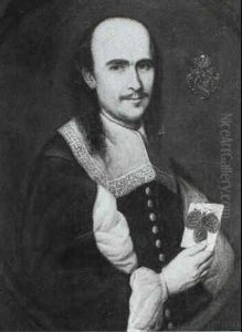 A Portrait Of A Man, Half Length Wearing A Lace Trimmed Linen Collar Holding An Ornate Butterfly Shaped Jewel A Portrait Of A Man, Half Length Wearing A Lace Trimmed Linen Collar Holding An Ornate Butterfly Shaped Jewel