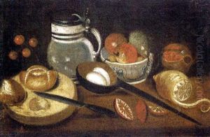 An Earthenware Tankard, A Partly-peeled Lemon, A Ladle With Eggs, Apples And Pears In A Bowl, Bread And A Knife On A Table by Mateo Cerezo