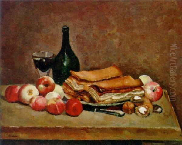 Peaches, Pastries, Walnuts, With A Wine Bottle And Glass On A Table - view 1