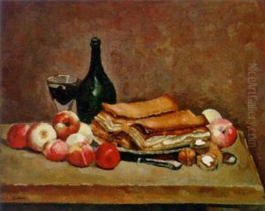 Peaches, Pastries, Walnuts, With A Wine Bottle And Glass On A Table by Edmond Ceria