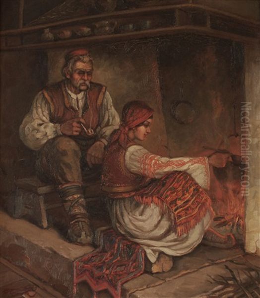 Old Man With A Girl By Fireplace - view 1