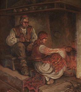 Old Man With A Girl By Fireplace by Frantisek Cermak