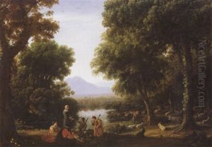 Landscape With Sportsmen And Other Figures Beside A Lake With Cattle Sheep