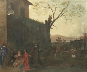 Elegant Figures Merrymaking Before A Tavern by Michelangelo Cerquozzi