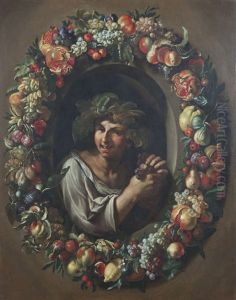 A Bacchante With Grapes, Surrounded By An Oval Of Mixed Fruits