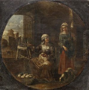 A Woman And Her Daughter Spinning Wool; And Peasants And Their Animals Before A Landscape, (2)