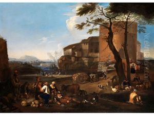 Paesaggio Laziale Con Pastori E Un Villaggio Fortificato (latium, Landschaft Mit Hirten Und Dorf Mit Befestigungsmauern)