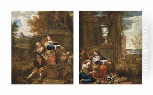 A Wooded Landscape With A Fruit Seller By Classical Ruins; Elegant Company With Fruits In A Basket By Classical Ruins, A City Beyond (pair)