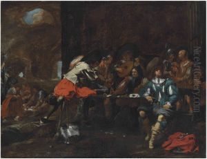 Soldiers And Elegant Figures Playing Cards And Making Music In A Ruined Classical Building by Michelangelo Cerquozzi
