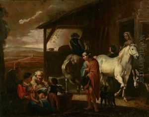 Rastende Vor Einer Locanda Mit Pferden, Esel Und Bettler