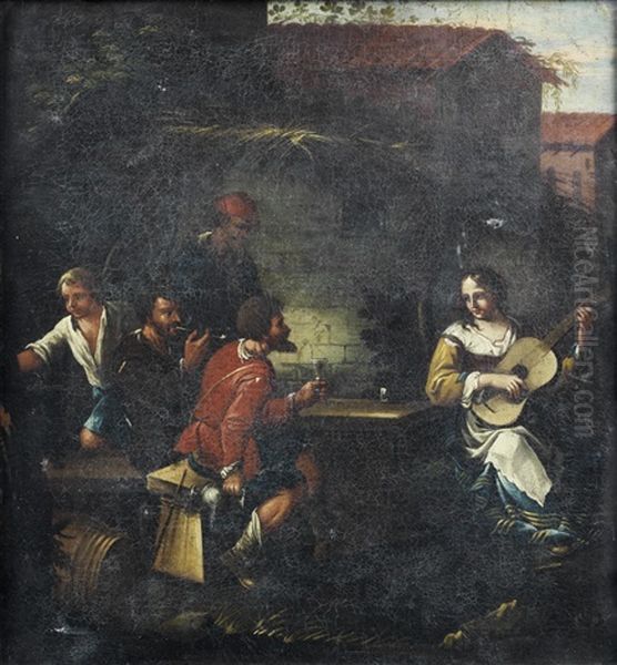 Figures Smoking And Making Music In A Courtyard - view 1