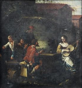 Figures Smoking And Making Music In A Courtyard by Michelangelo Cerquozzi