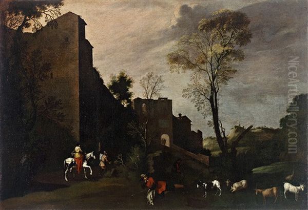 Landschaft Mit Bauerlicher Staffage Vor Einer Stadtmauer - view 1