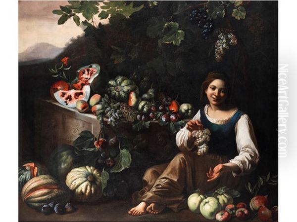 Grosses Fruchtestilleben In Landschaft Mit Einem Am Boden Sitzenden, Jungen Madchen - view 1