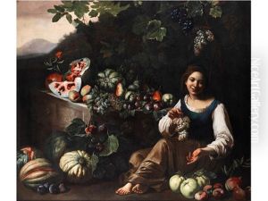 Grosses Fruchtestilleben In Landschaft Mit Einem Am Boden Sitzenden, Jungen Madchen by Michelangelo Cerquozzi