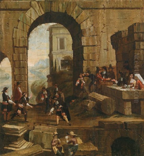 Boccia- Und Kartenspieler Sowie Weitere Figuren Vor Den Toren Einer Stadt - Giocatori Alle Bocce E Di Carte E Altre Figure Davanti Alle Porte Di Una Citta - view 1