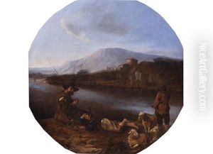 Hirten In Italienischer Landschaft Am Ufer Eines Flusses by Michelangelo Cerquozzi
