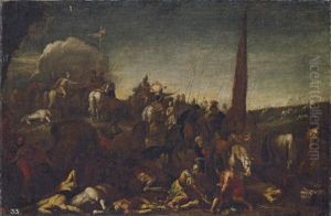 The Aftermath Of A Battle, With Soldiers Raising An Injured King In The Foreground