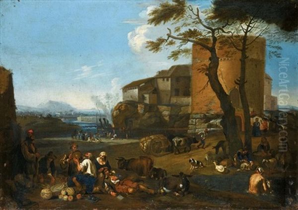 Italianate Landscape With Peasants Eating And Drinking With Their Animals Near A Fortified Village - view 1