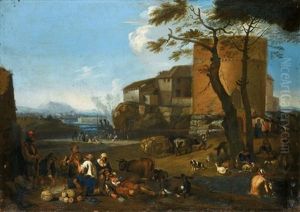 Italianate Landscape With Peasants Eating And Drinking With Their Animals Near A Fortified Village by Michelangelo Cerquozzi