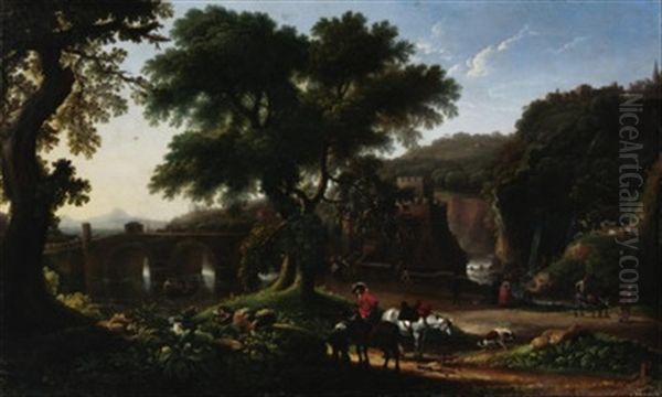 Weite Campagnalandschaft Mit Brucke Und Resten Einer Burgbefestigung, Im Vordergrund Landleute Und Jager (w/collaboration Attributed To Angeluccio) - view 1