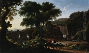 Weite Campagnalandschaft Mit Brucke Und Resten Einer Burgbefestigung, Im Vordergrund Landleute Und Jager (w/collaboration Attributed To Angeluccio) by Michelangelo Cerquozzi