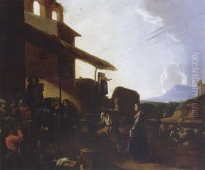Roman Street Scene With Figures Dancing And Drinking Outside A Tavern by Michelangelo Cerquozzi