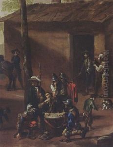 Soldiers Playing Dice On A Drum In Front Of A Barn