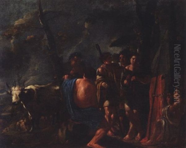 Shepherds Resting And Making Music With A Cow And Sheep In A Landscape - view 1