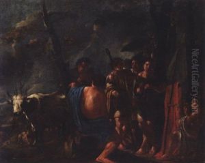 Shepherds Resting And Making Music With A Cow And Sheep In A Landscape by Michelangelo Cerquozzi